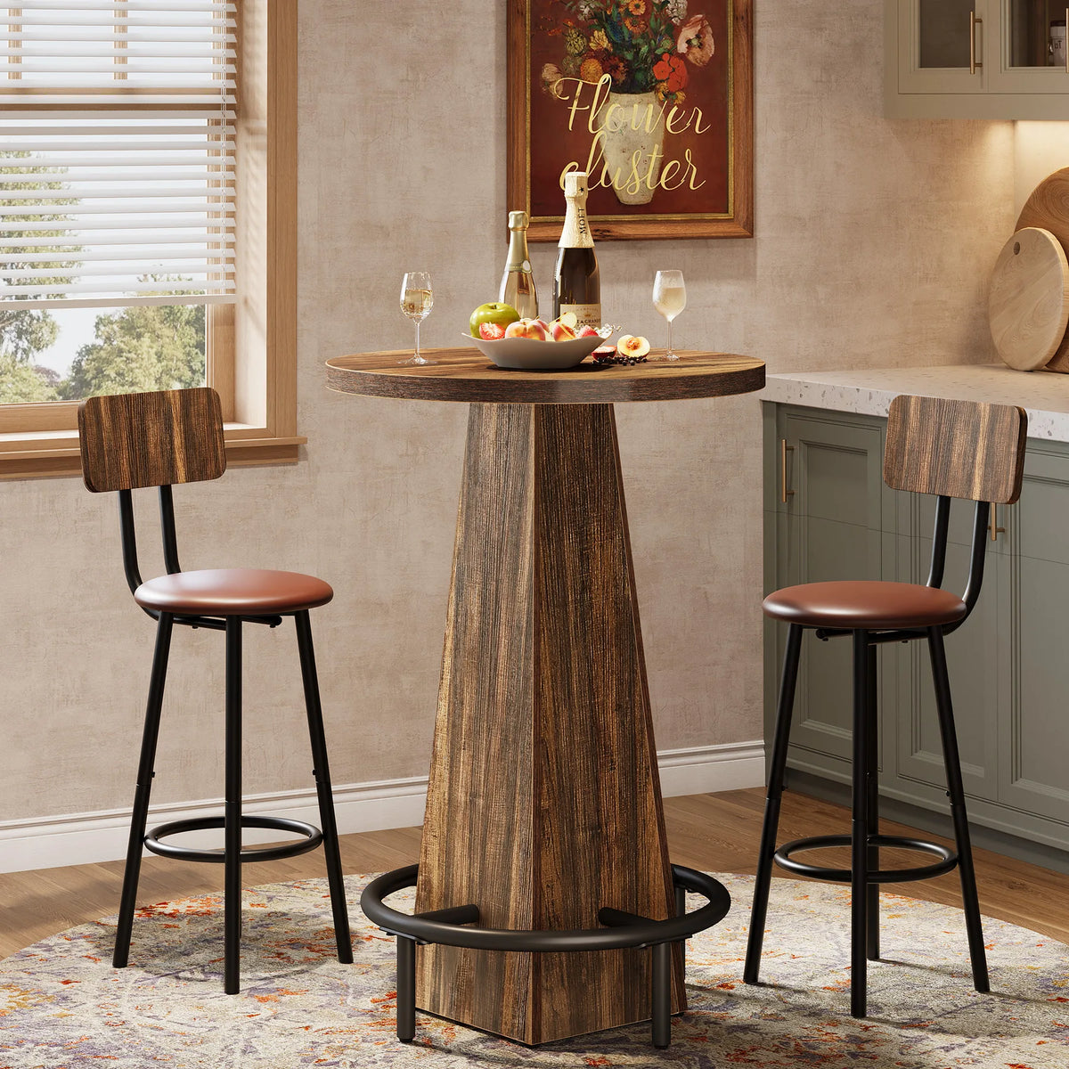 Tribesigns Round Bar Table 37" | Rustic Pub Table with Metal Footrest