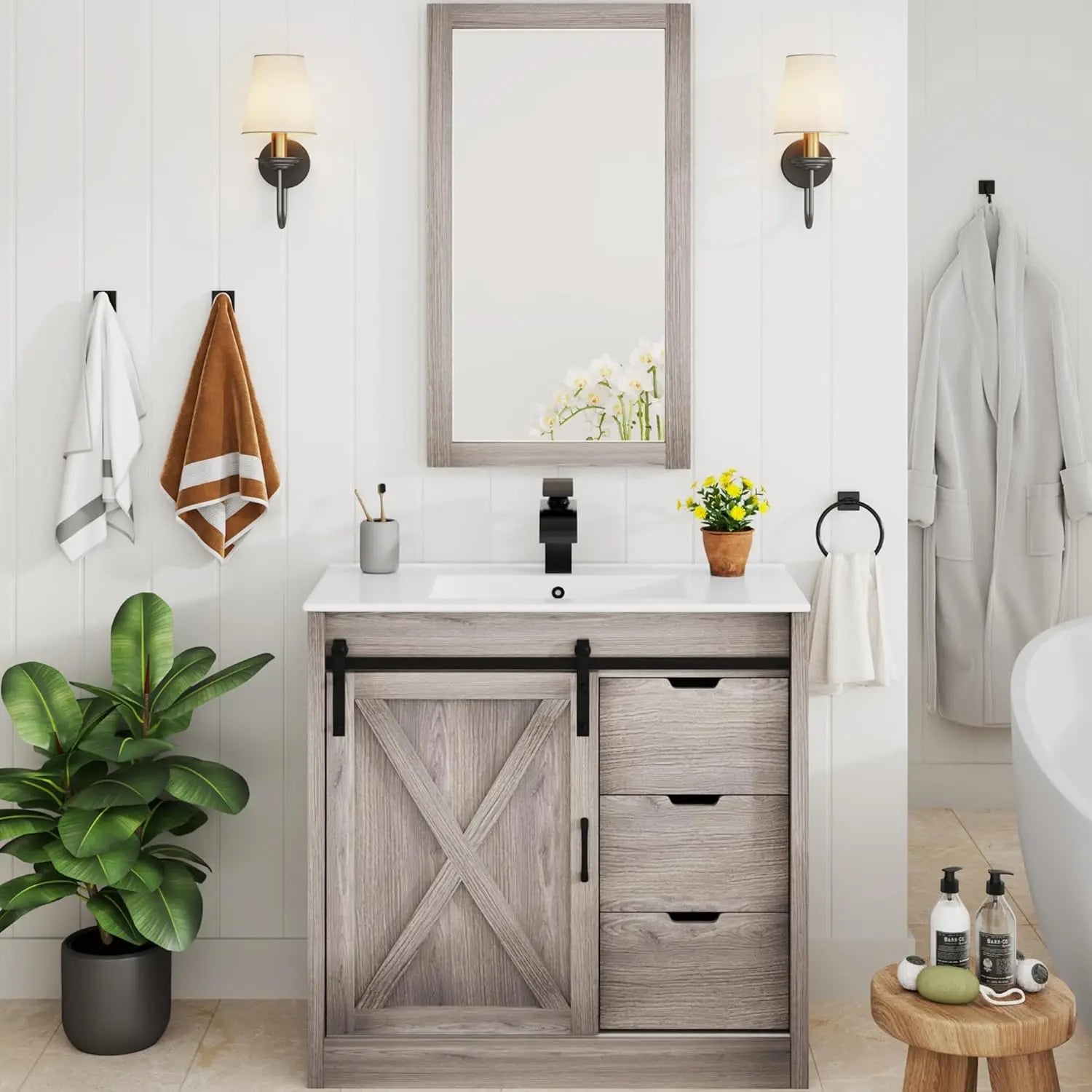 36 Bathroom Vanity Sink Faucet Mirror Farmhouse Cabinet Barn Door Drawers Bath Storage Grey, Custom