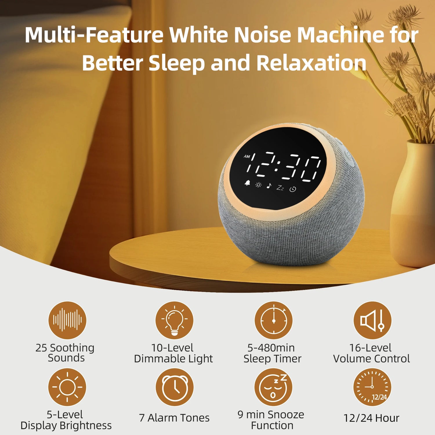 White Noise Alarm Clock with Night Light and Sleep Timer
