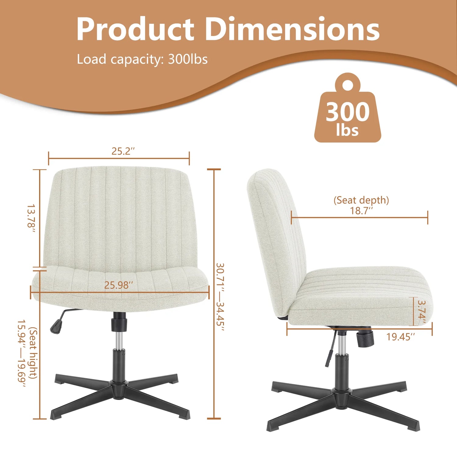 JHK Armless Office Chair in Cloth, Leather or Velvet