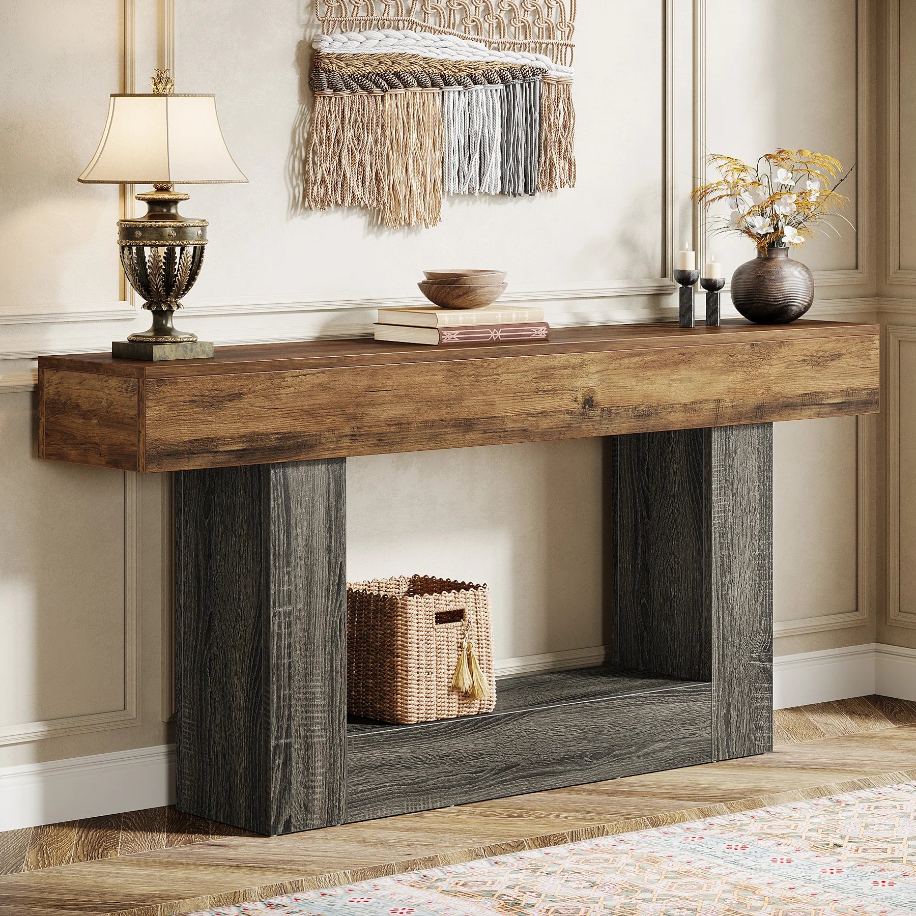 LITTLE TREE 63 Inch Farmhouse Style 2-Tier Table