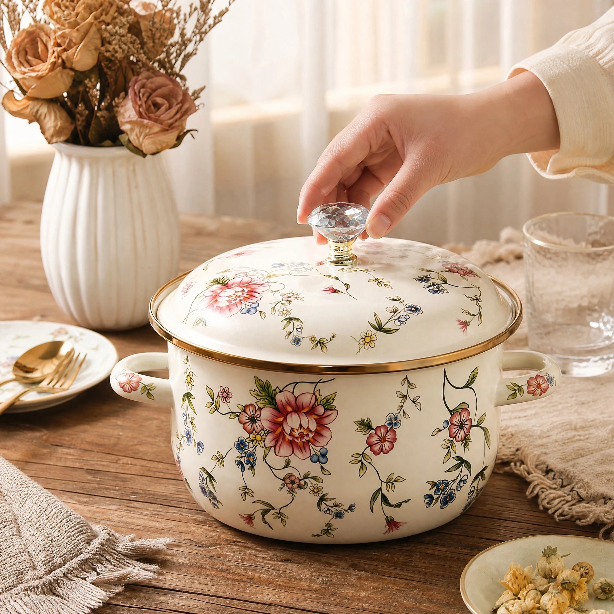 85 Ounce or 152 Ounce Vintage Daisy or Rose Enamel Pot with Lid