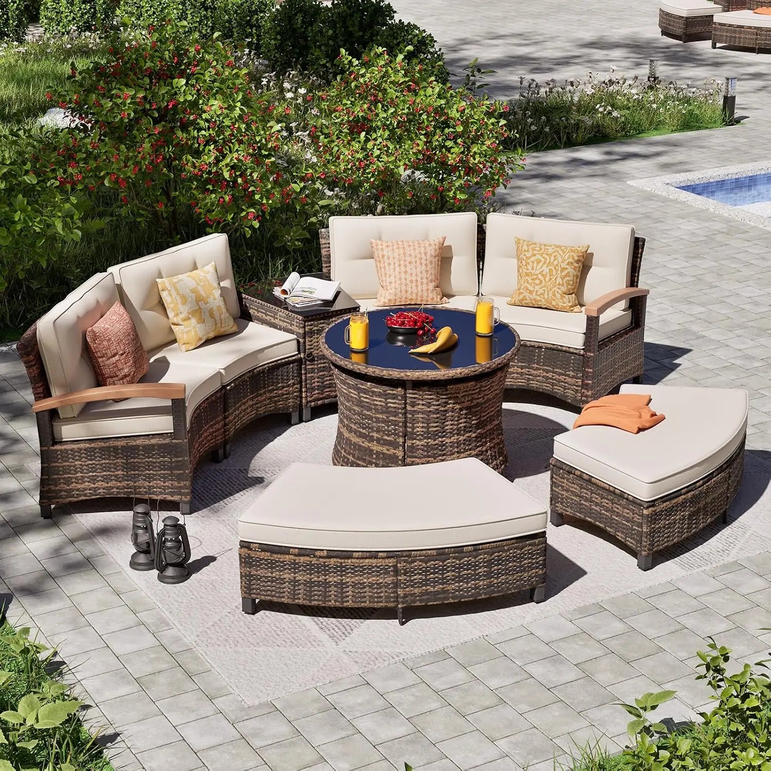 Stylish Multi-piece Outdoor Patio Furniture Sets featuring a Half Moon Curving Sofa Rattan Conversation Set for your patio.