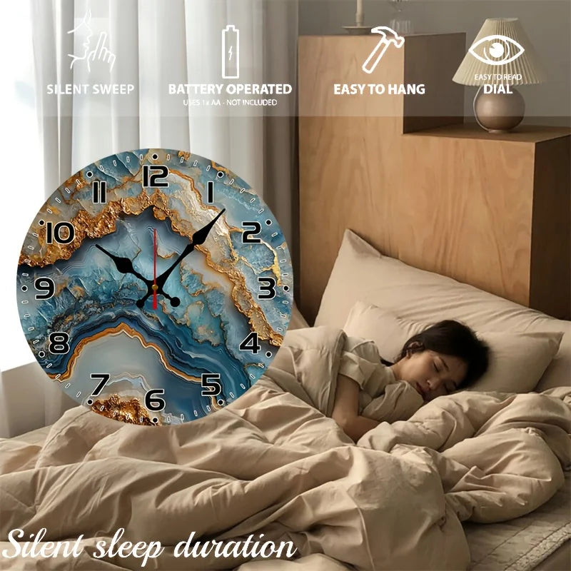 10-Inch Silent Wall Clock with a Marble Backdrop and Wood Veneer
