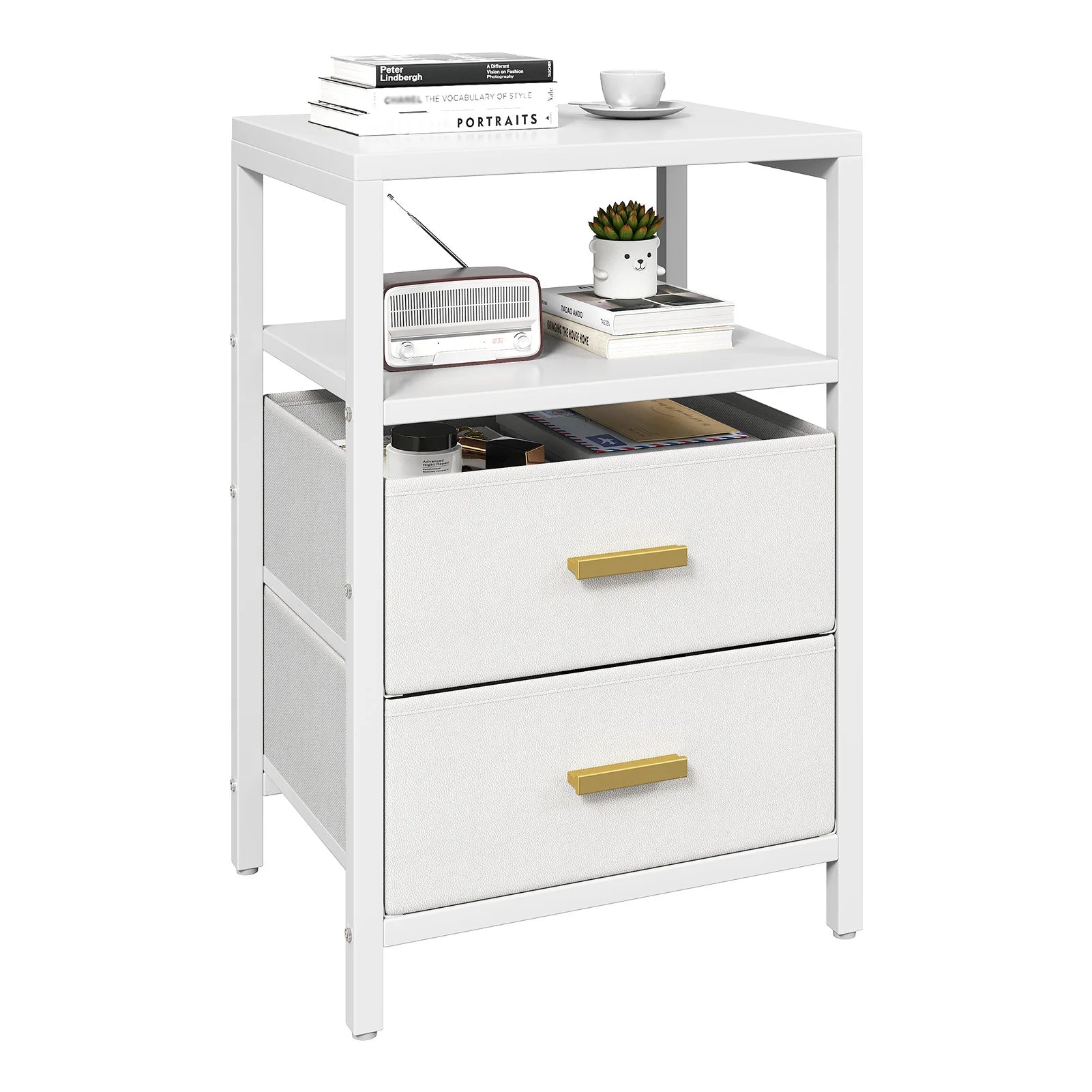 Modern White Bedside Side Table with 2 Drawers