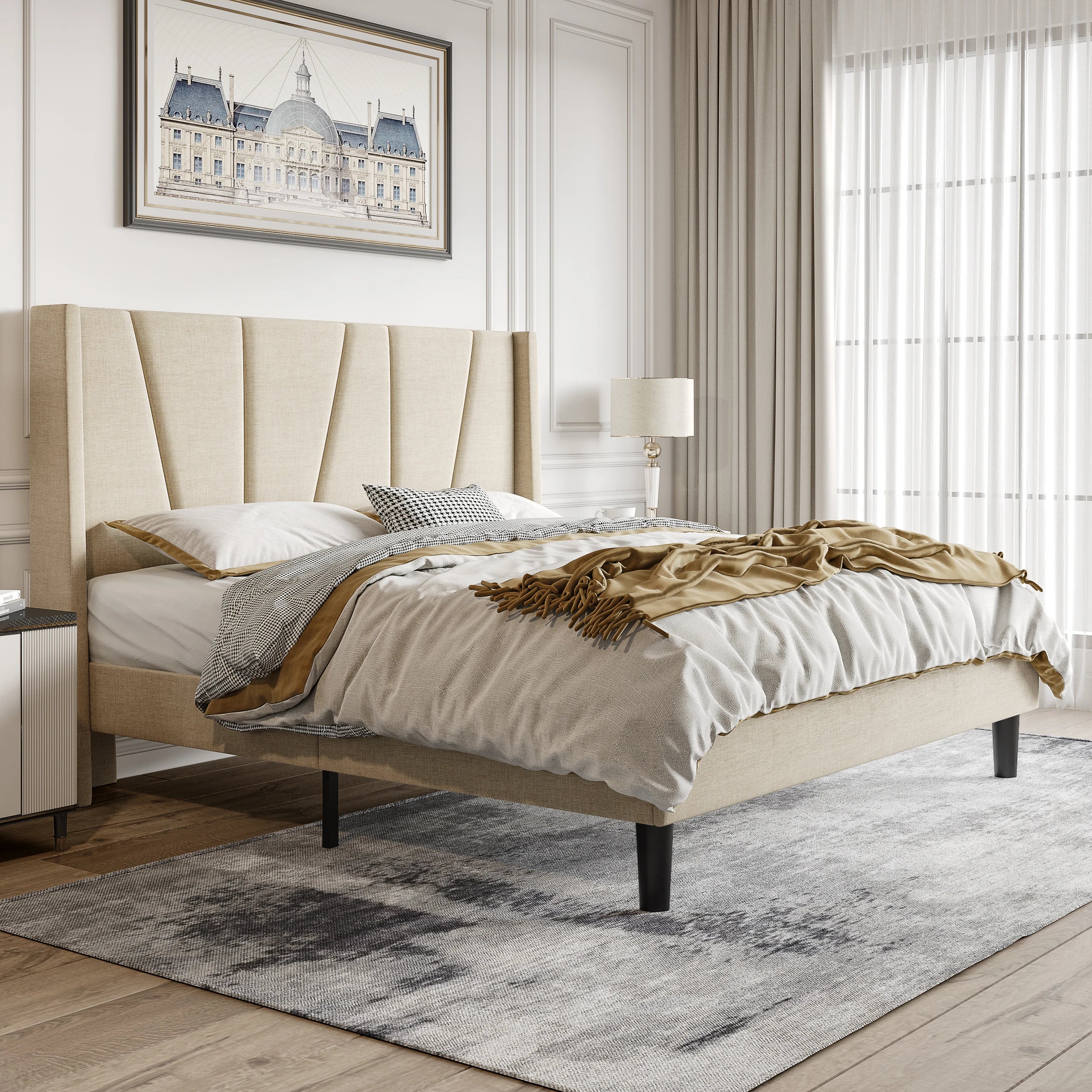 Platform Bed Frame with Geometric Wingback Headboard