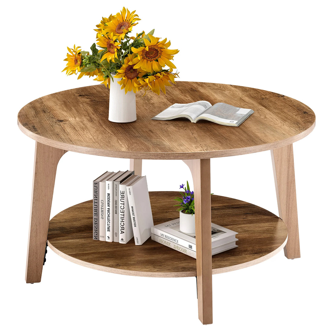 JHK 32 Inch Round Wood Coffee Table