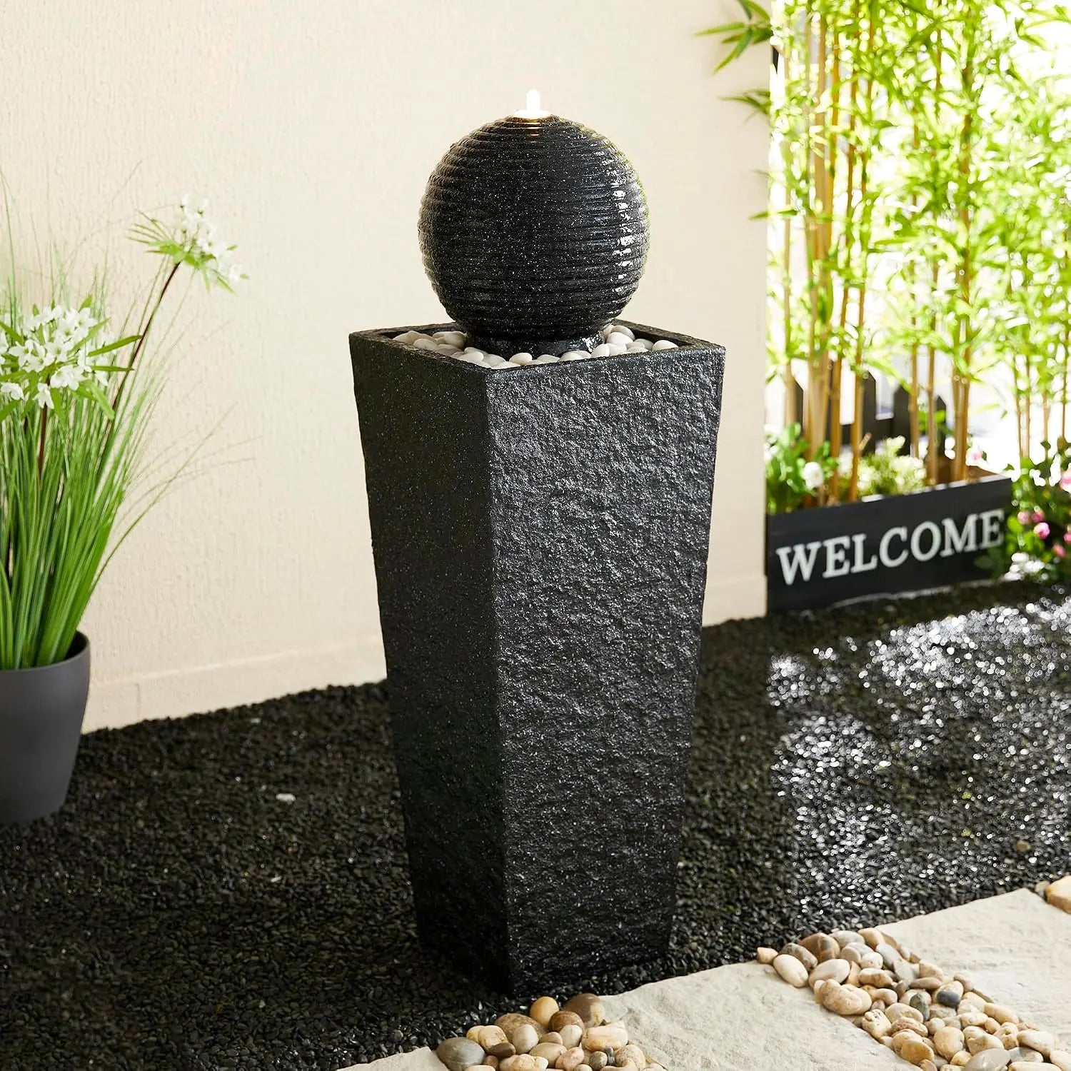 Modern Sphere Outdoor Water Fountain with LED Light