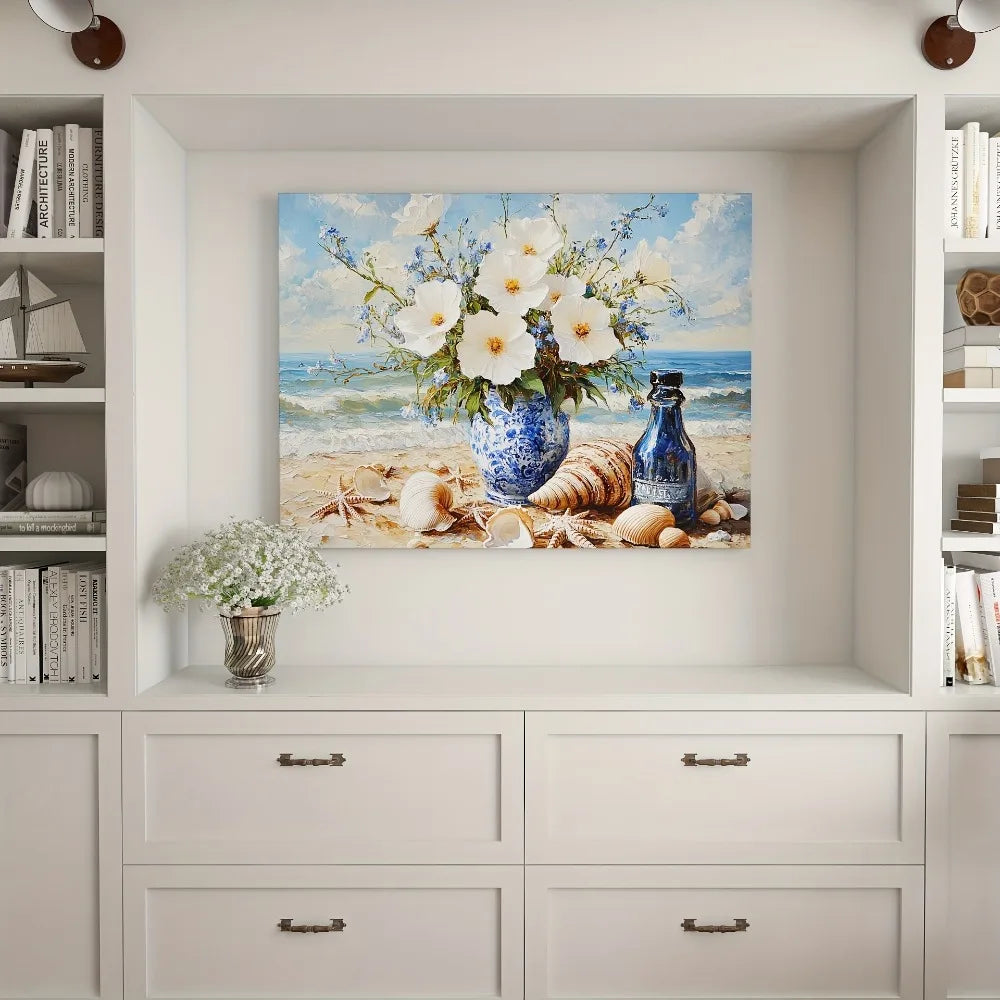Blue and White Vases with Waterfront Tranquility Wall Art