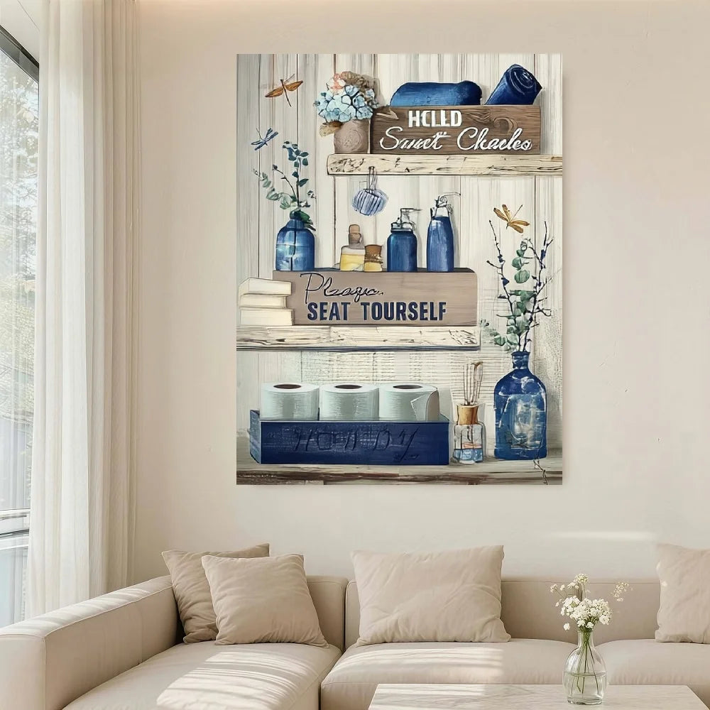 Framed Rustic Navy Blue Bathroom Canvas Wall Art