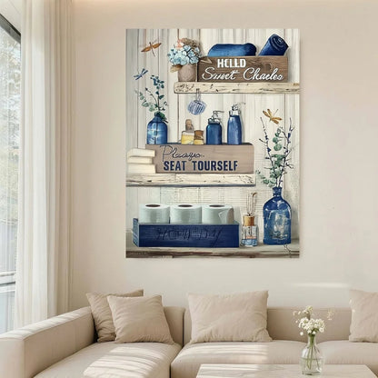 Framed Rustic Navy Blue Bathroom Canvas Wall Art