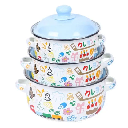 3Pcs Vintage Enamel Stock Pot Set with Lid,34oz/51oz/68oz Retro Flower Cooking Pot, Flat Bottom Stew Pot with Dual Handles for Induction &amp; Gas Stove Kitchen Use