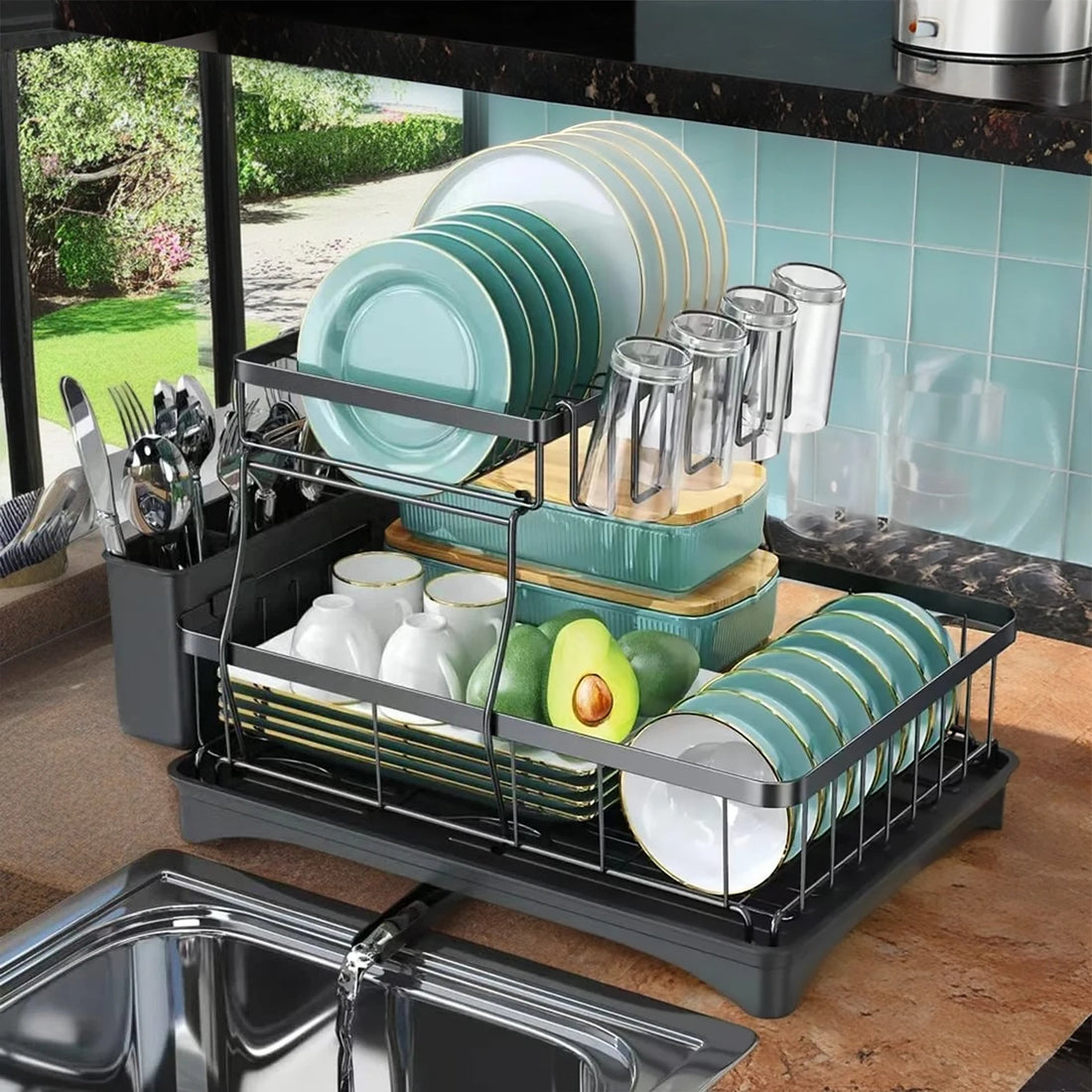 2-Tier Dish Drainer with Drip Tray and Drainer Mat