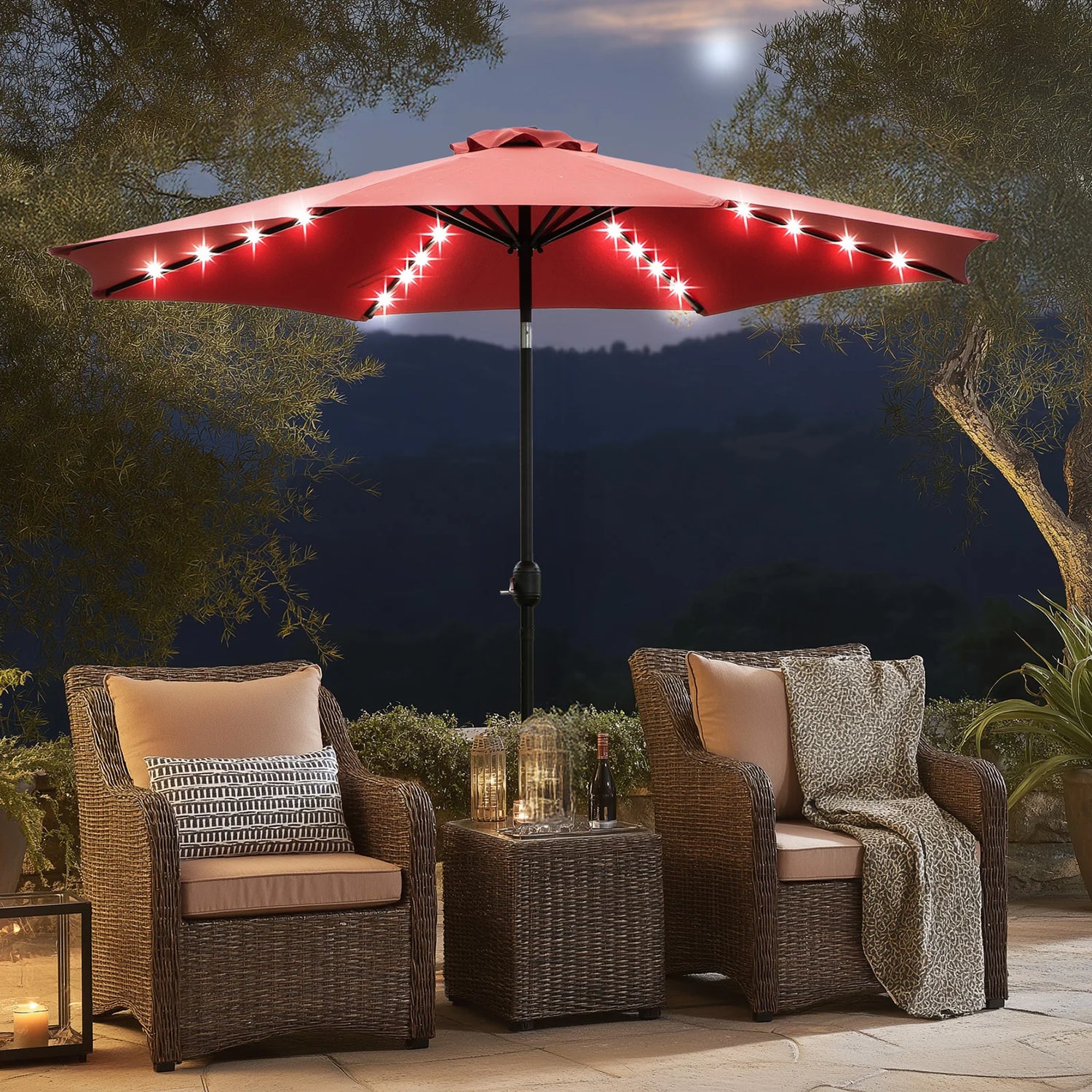 JHK 10 FT Solar Patio Umbrella with 32 LED Lights