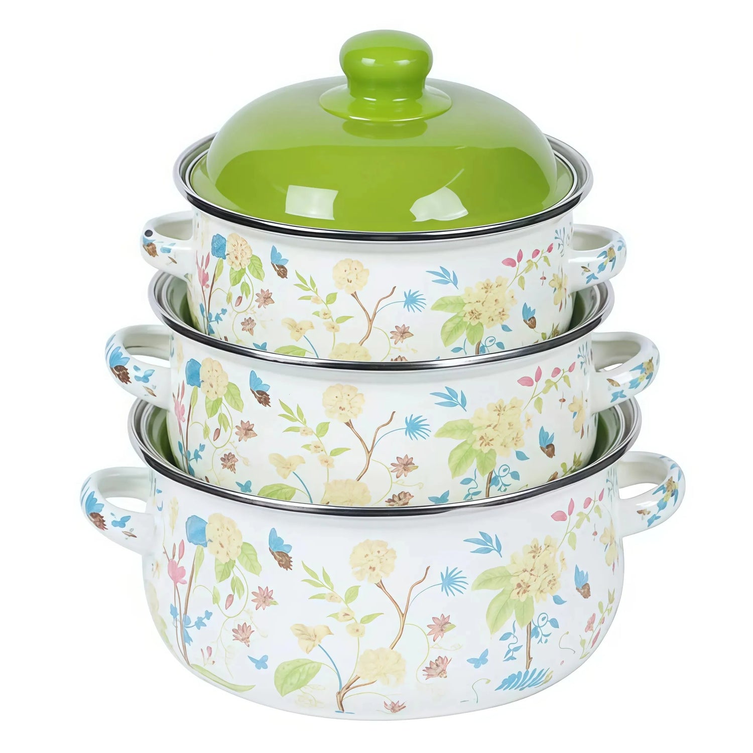 3Pcs Vintage Enamel Stock Pot Set with Lid,34oz/51oz/68oz Retro Flower Cooking Pot, Flat Bottom Stew Pot with Dual Handles for Induction &amp; Gas Stove Kitchen Use