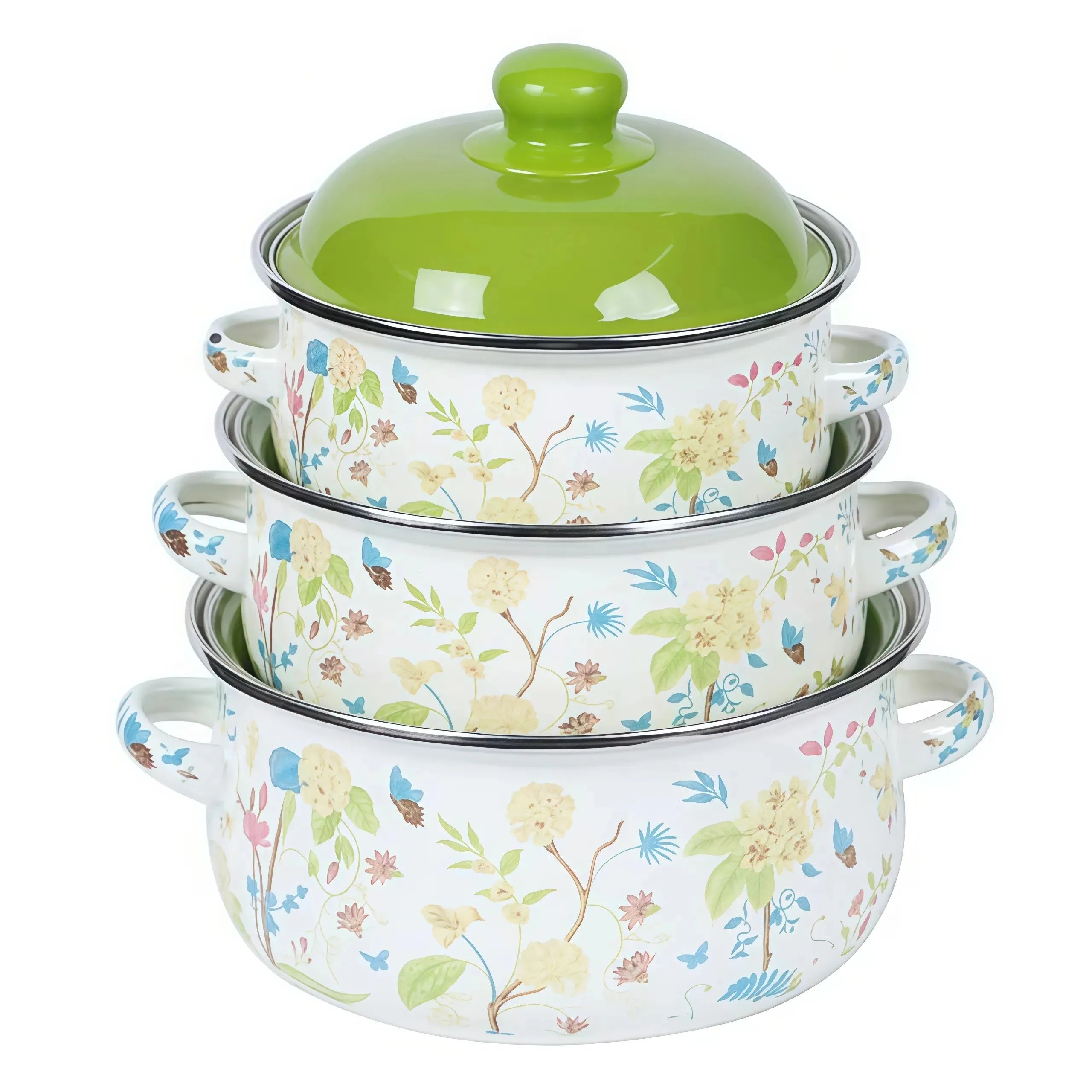 3Pcs Vintage Enamel Stock Pot Set with Lid,34oz/51oz/68oz Retro Flower Cooking Pot, Flat Bottom Stew Pot with Dual Handles for Induction &amp; Gas Stove Kitchen Use