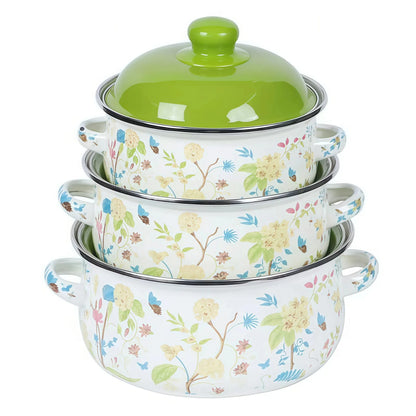 3Pcs Vintage Enamel Stock Pot Set with Lid,34oz/51oz/68oz Retro Flower Cooking Pot, Flat Bottom Stew Pot with Dual Handles for Induction &amp; Gas Stove Kitchen Use