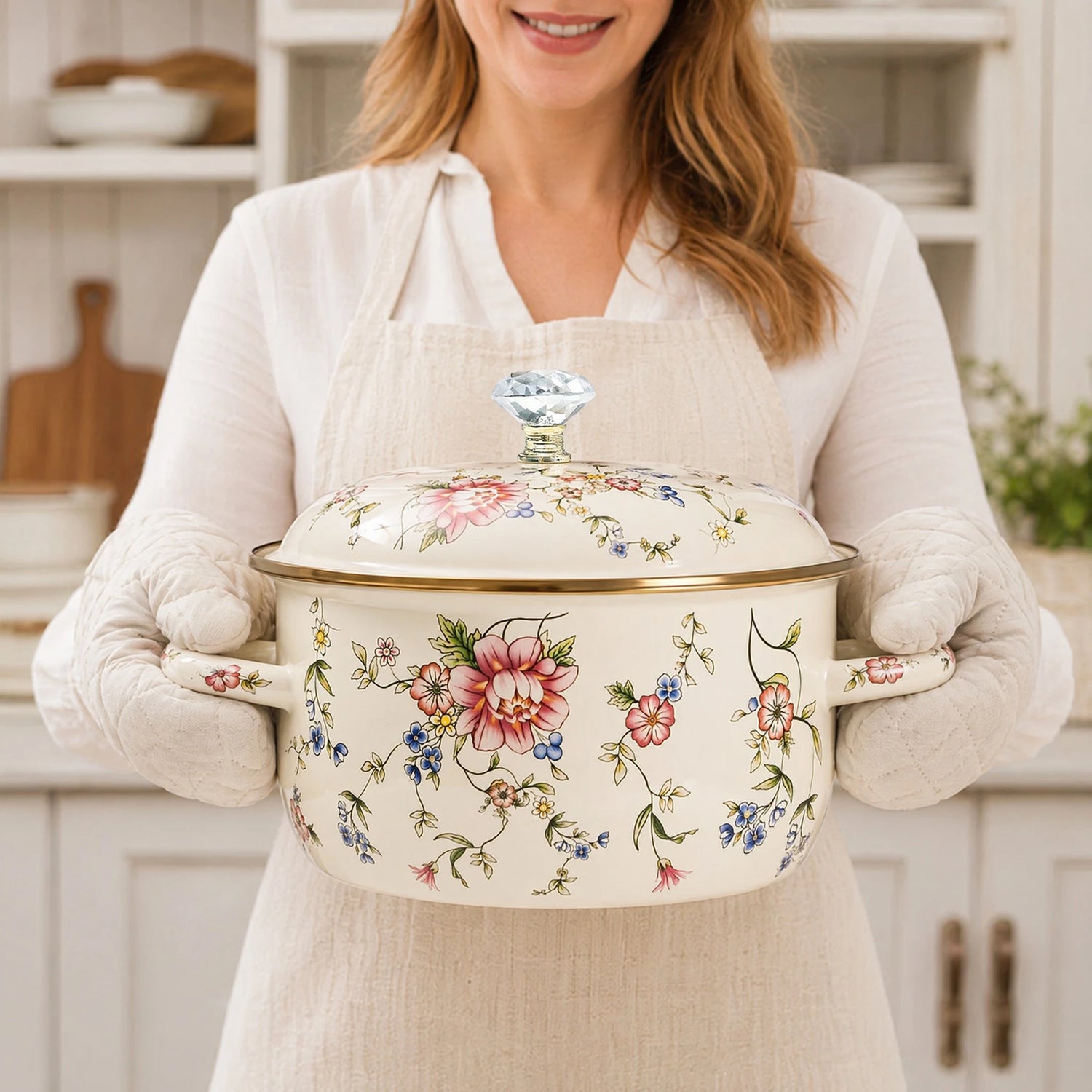 85 Ounce or 152 Ounce Vintage Daisy or Rose Enamel Pot with Lid