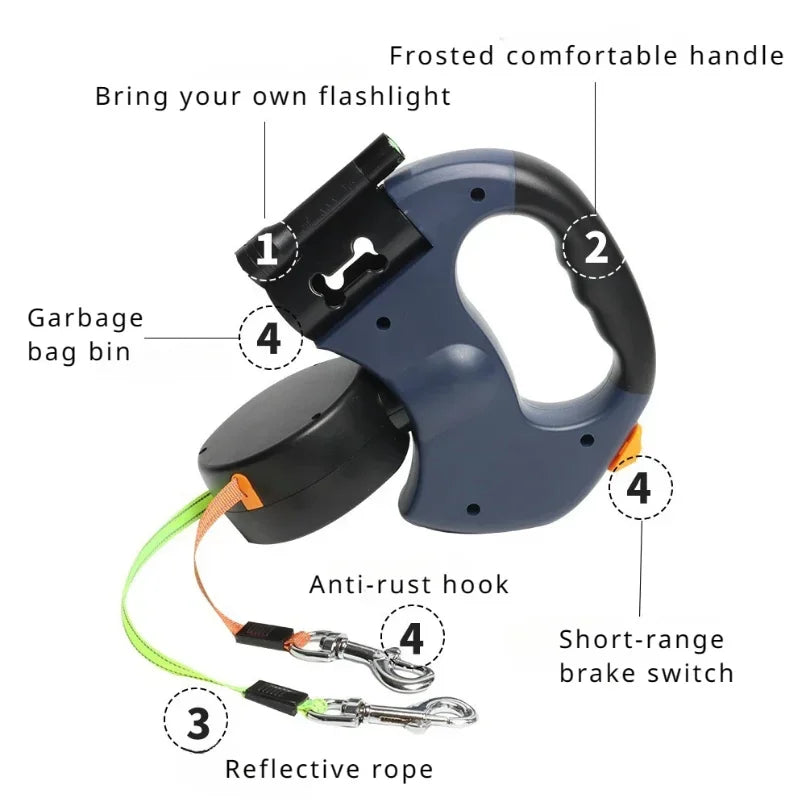 Automatic Retractable Two-End Pet Leash with Flashlight