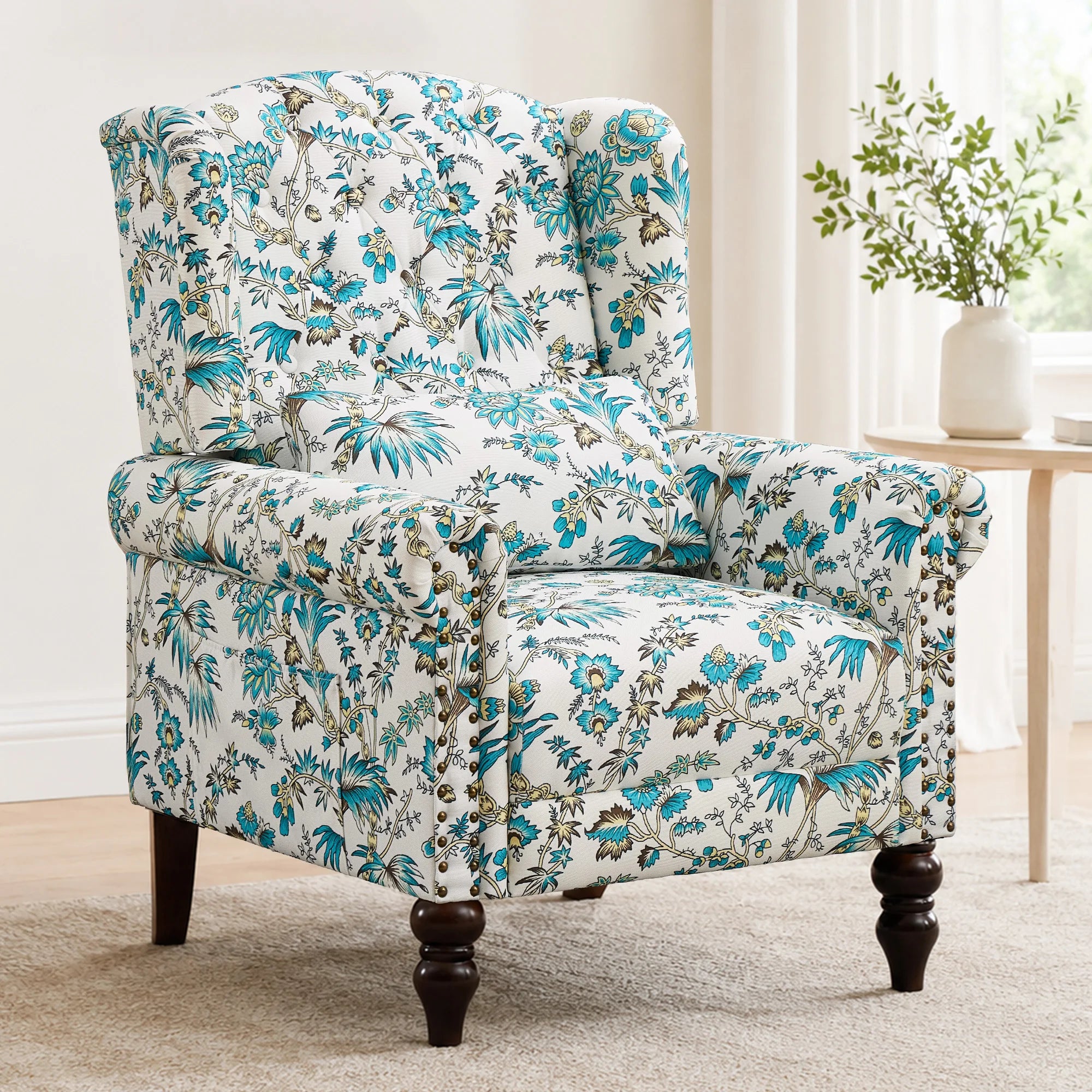 TCGBKAF Vintage Floral Fabric Wingback Accent Chair, Mid-Century Modern Upholstered Armchair, Mid Back Single Club Sofa Chair with Arms for Home