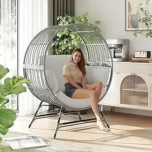 Oversized Rattan Egg Chair with Thick Cushions