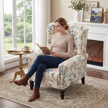 TCGBKAF Vintage Floral Fabric Wingback Accent Chair, Mid-Century Modern Upholstered Armchair, Mid Back Single Club Sofa Chair with Arms for Home