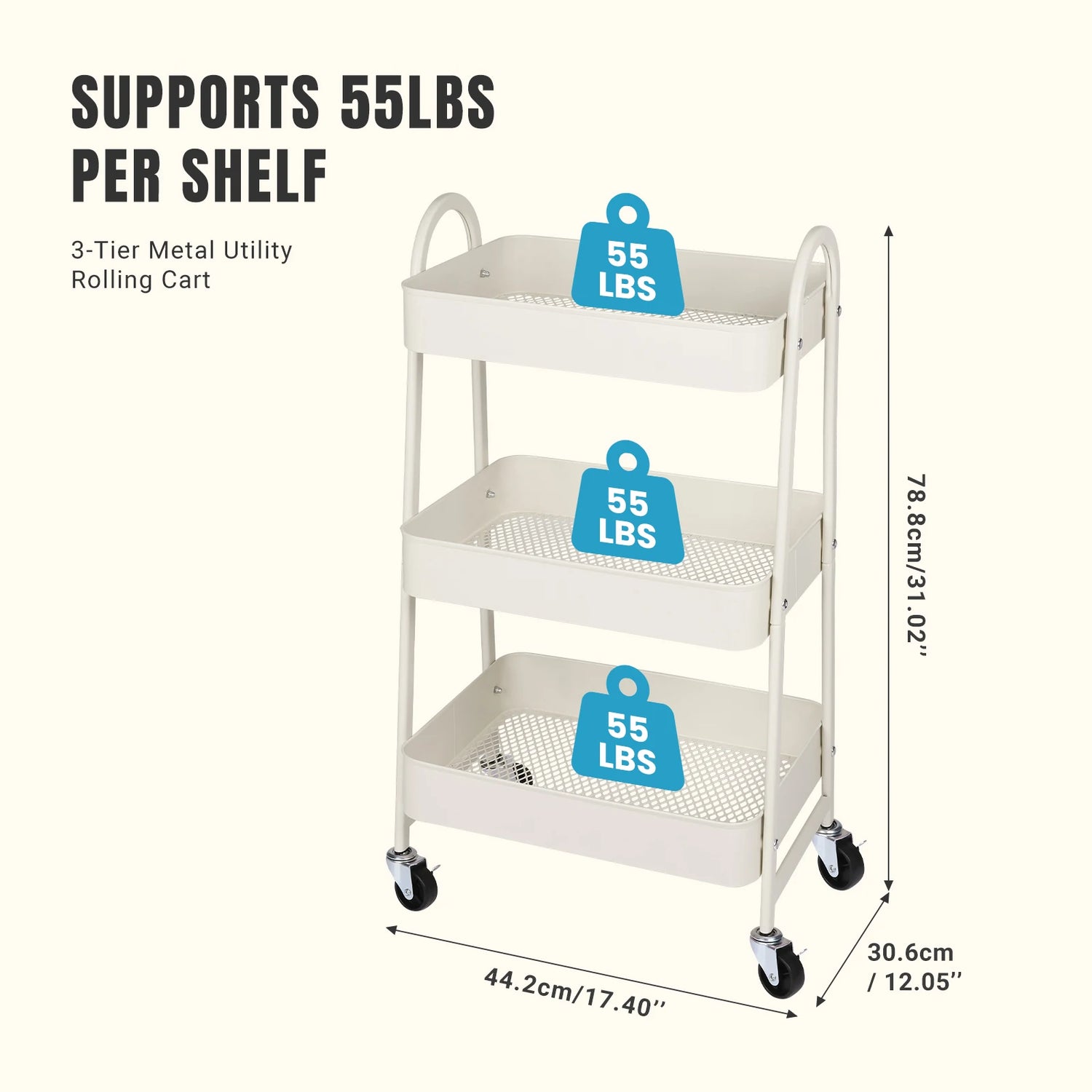 JHK 3-Tier Metal Kitchen Cart with Lockable Wheels