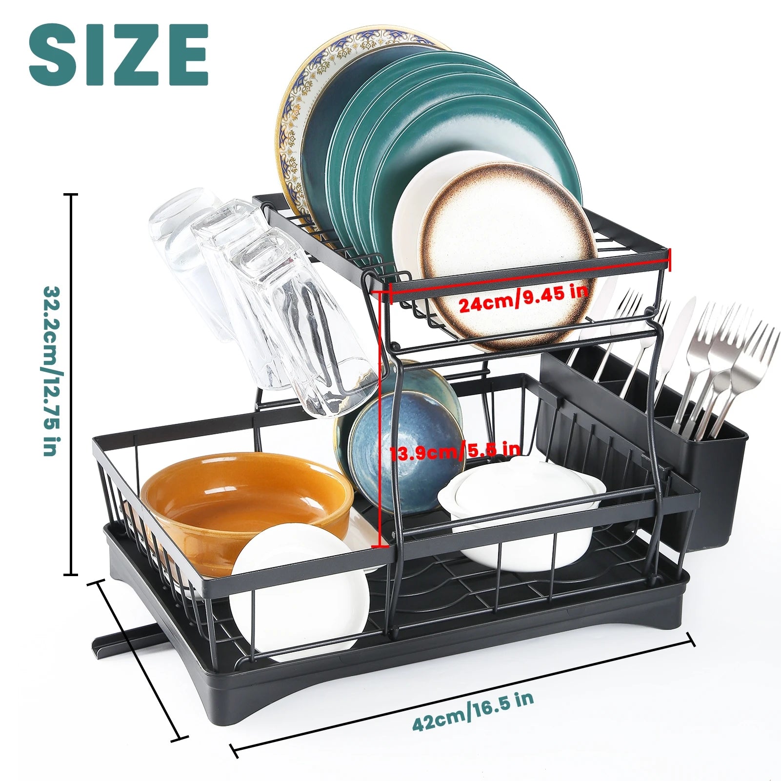 2-Tier Dish Drainer with Drip Tray and Drainer Mat