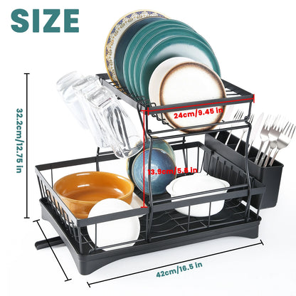 2-Tier Dish Drainer with Drip Tray and Drainer Mat