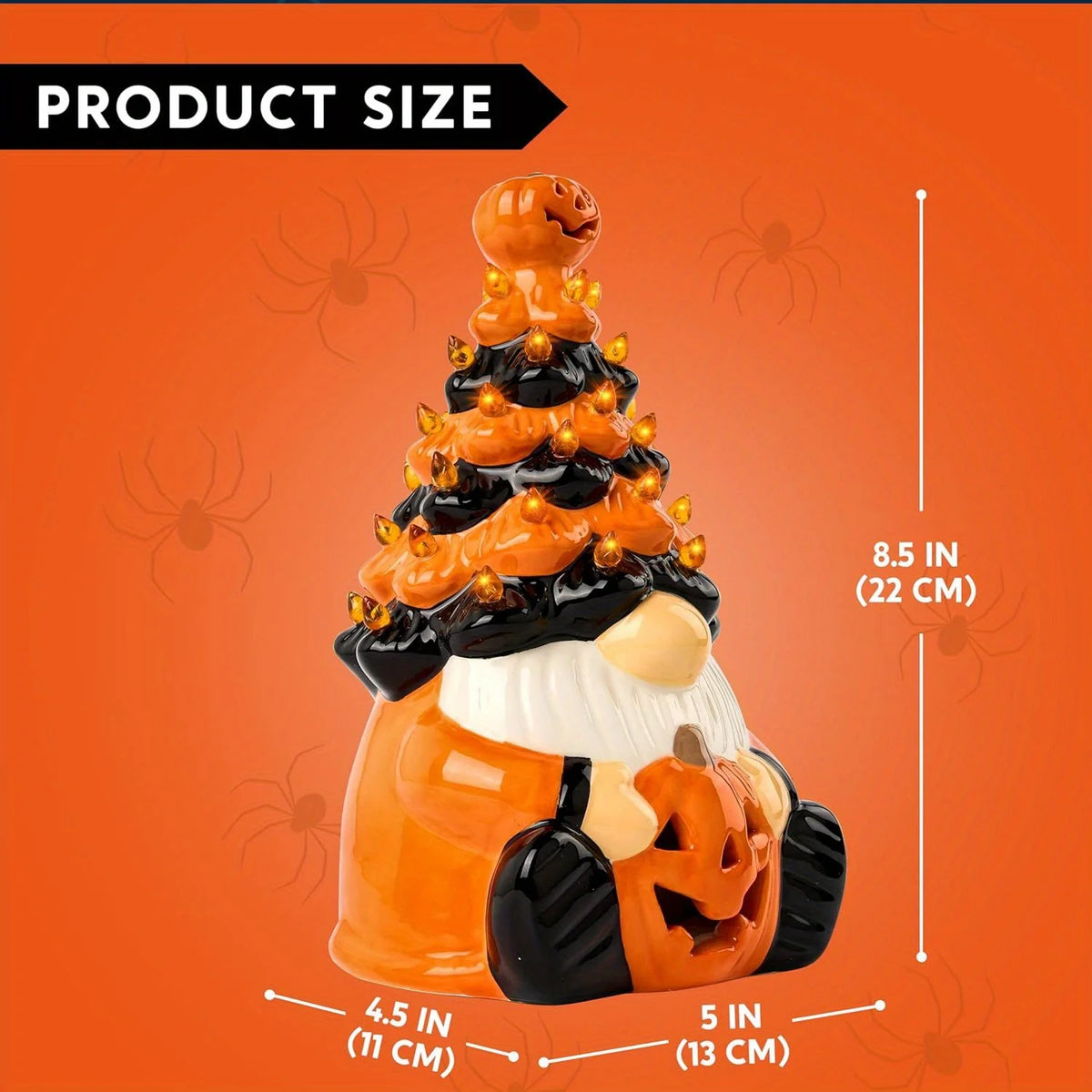 8.5 inch Tall Ceramic Pumpkin Gnome with Build-in LED Lights