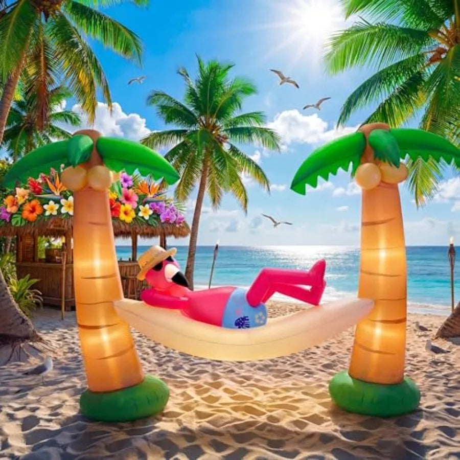 5 Foot Outdoor Flamingo in Hammock with Palm Trees Inflatable Decoration