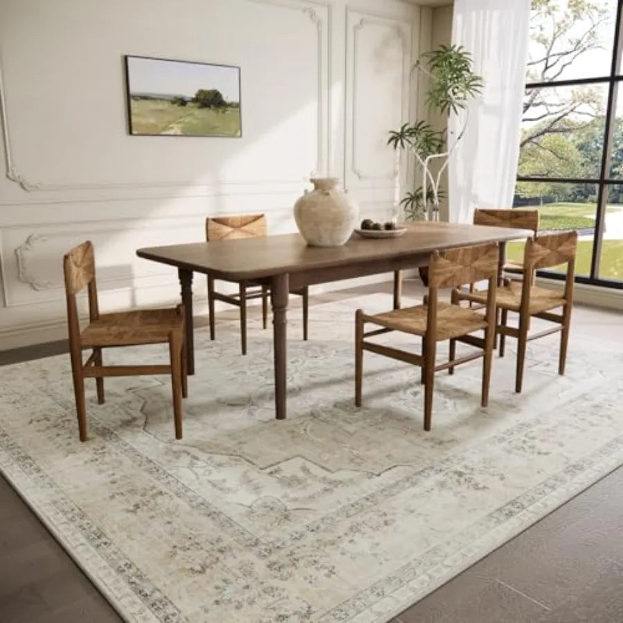 9x12 Vintage Washable Soft Faux Wool Beige Rug