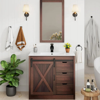 36 Bathroom Vanity Sink Faucet Mirror Farmhouse Cabinet Barn Door Drawers Bath Storage Grey, Custom