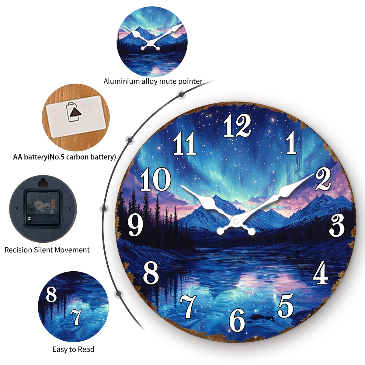 Stunning Aurora Borealis over Mountain Lake Round Wall Clock