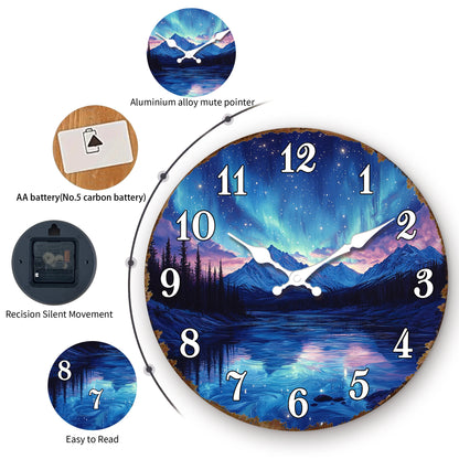 Stunning Aurora Borealis over Mountain Lake Round Wall Clock