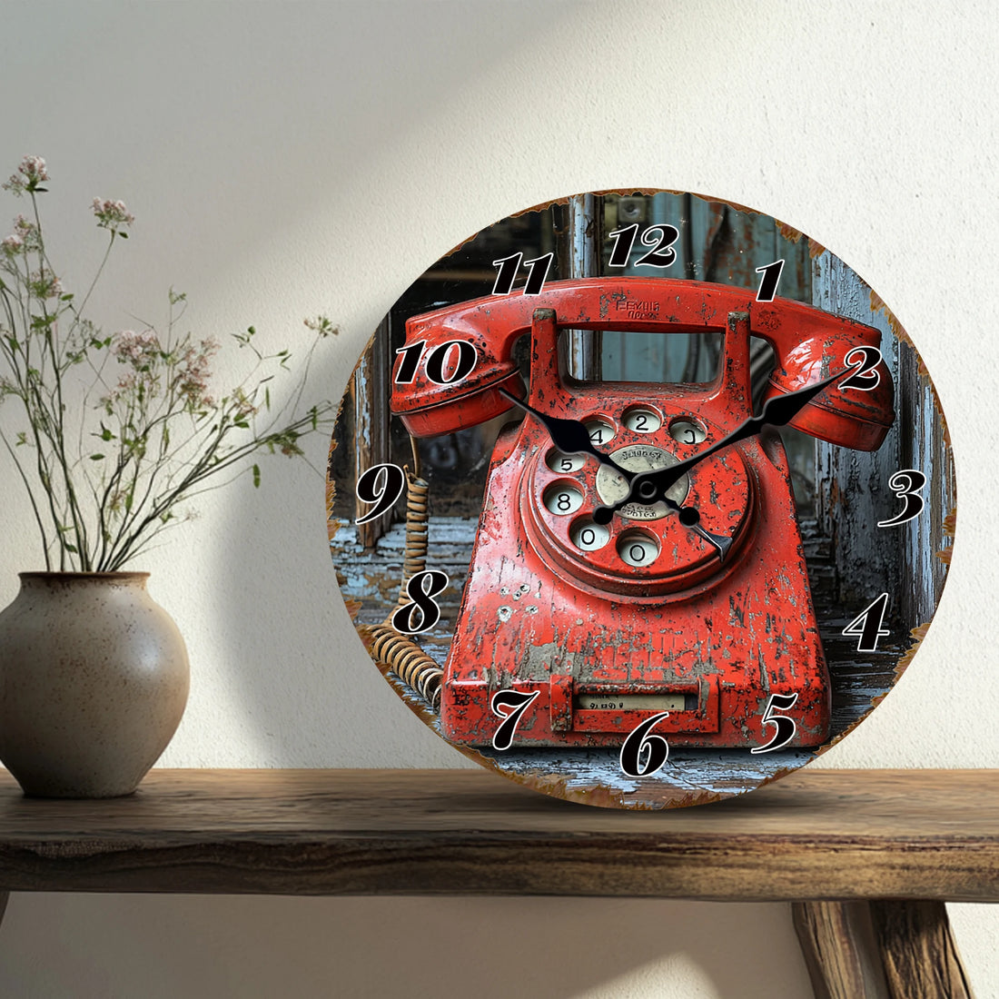 Vintage Red Rotary Phone Round Wall Clock