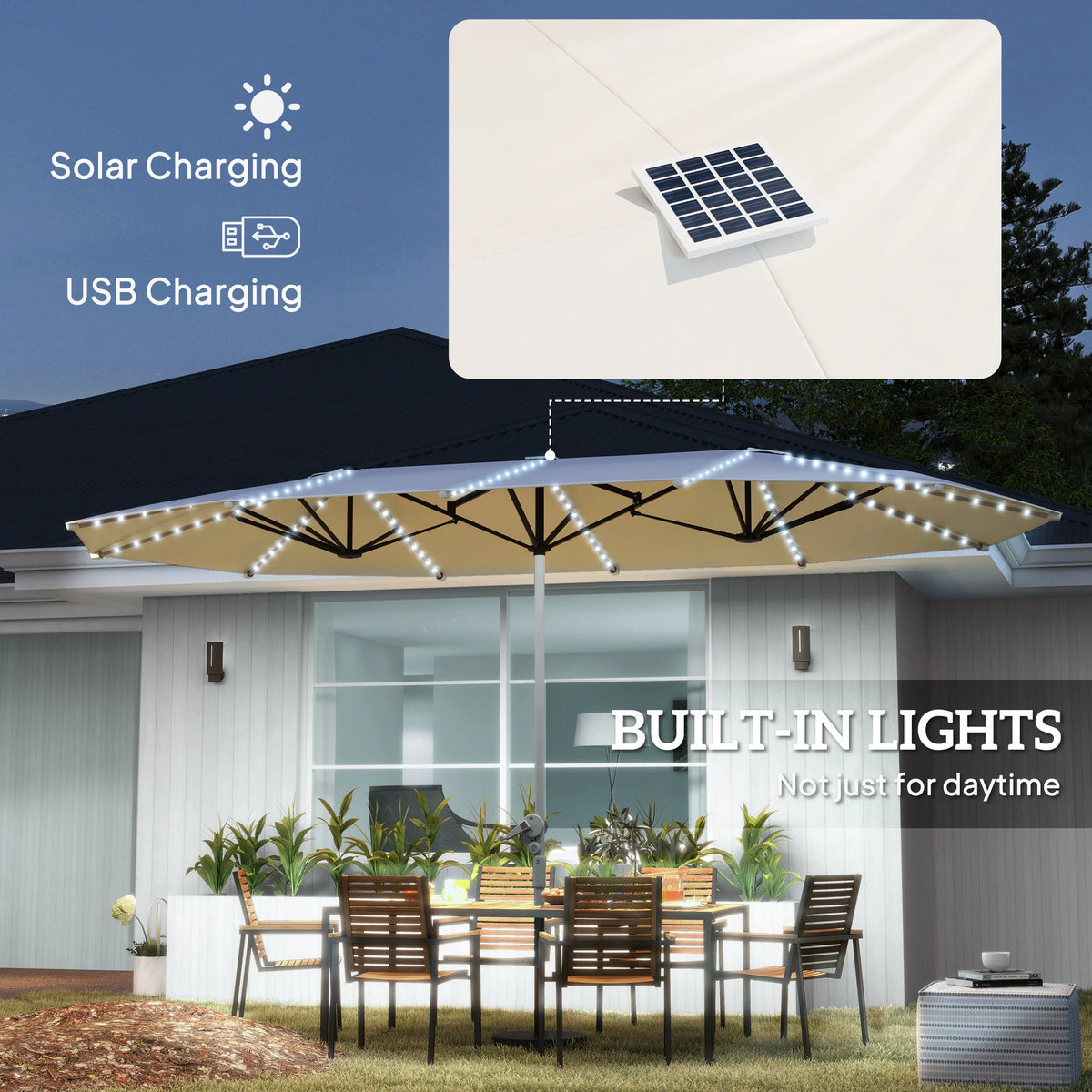 15 Foot Patio Umbrella with Solar Lights