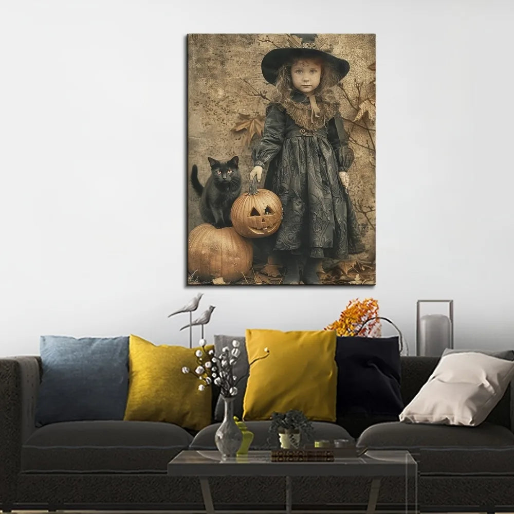 Halloween Cute Witch and Black Cat Wall Art
