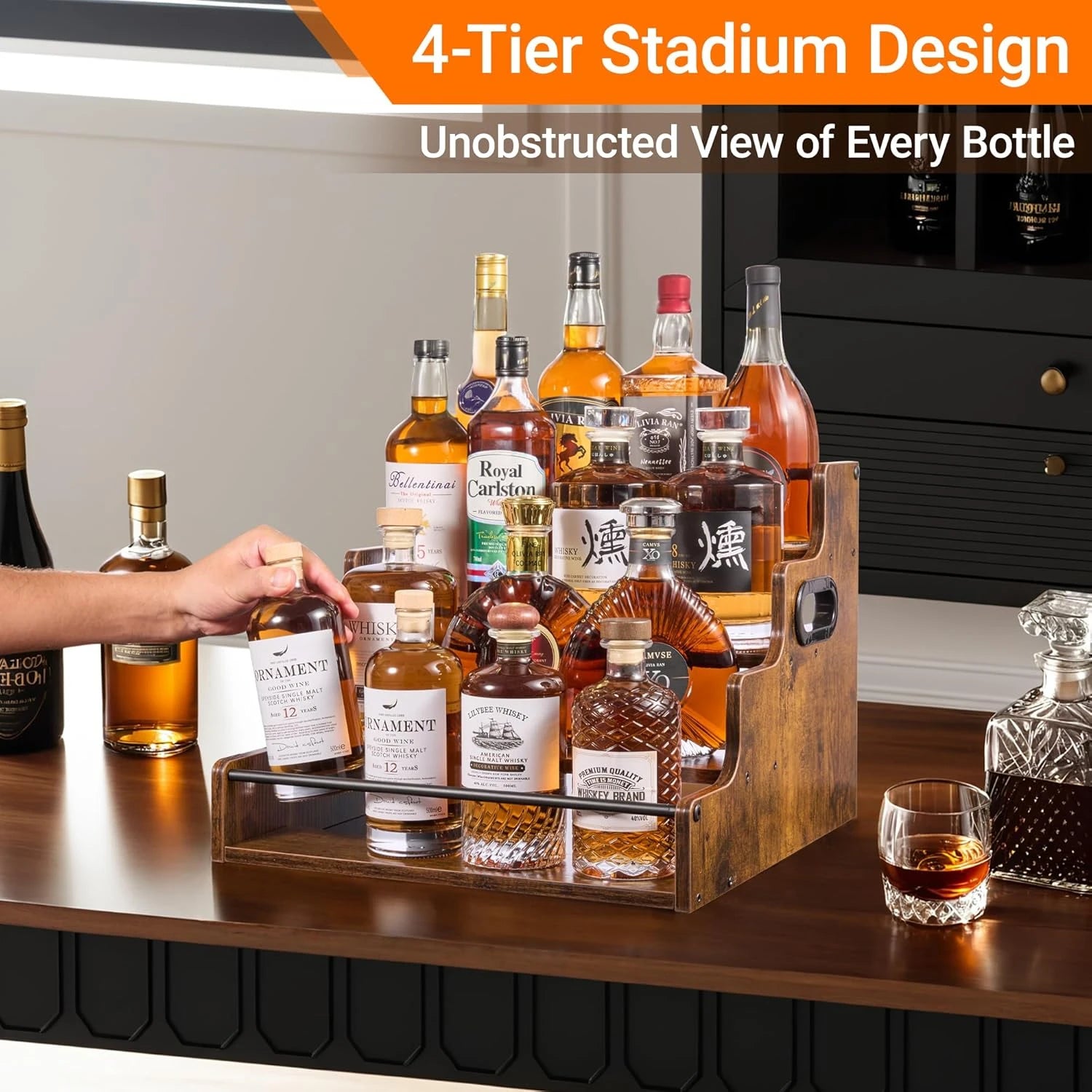 Liquor Bottle Display Shelf, Coffee Syrup Rack Organizer, 3 Step Countertop Liquor Wine Rack, mini bar,liquor cabinet, Home Retro Bar Shelf Stand for Liquor Whiskey, Spirits