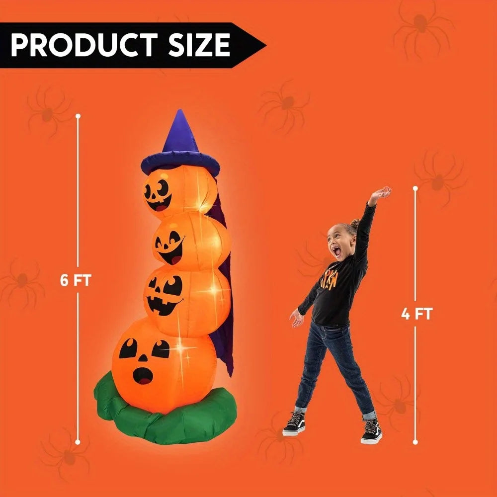 6 Foot Halloween Stacked Pumpkin with Witch Hat Inflatable