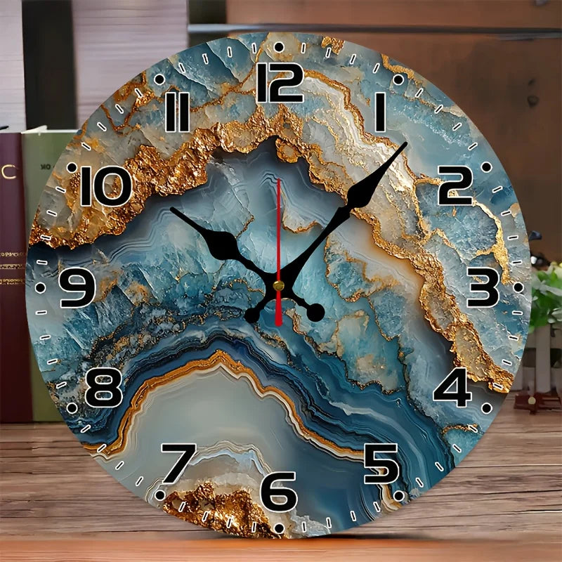 10-Inch Silent Wall Clock with a Marble Backdrop and Wood Veneer