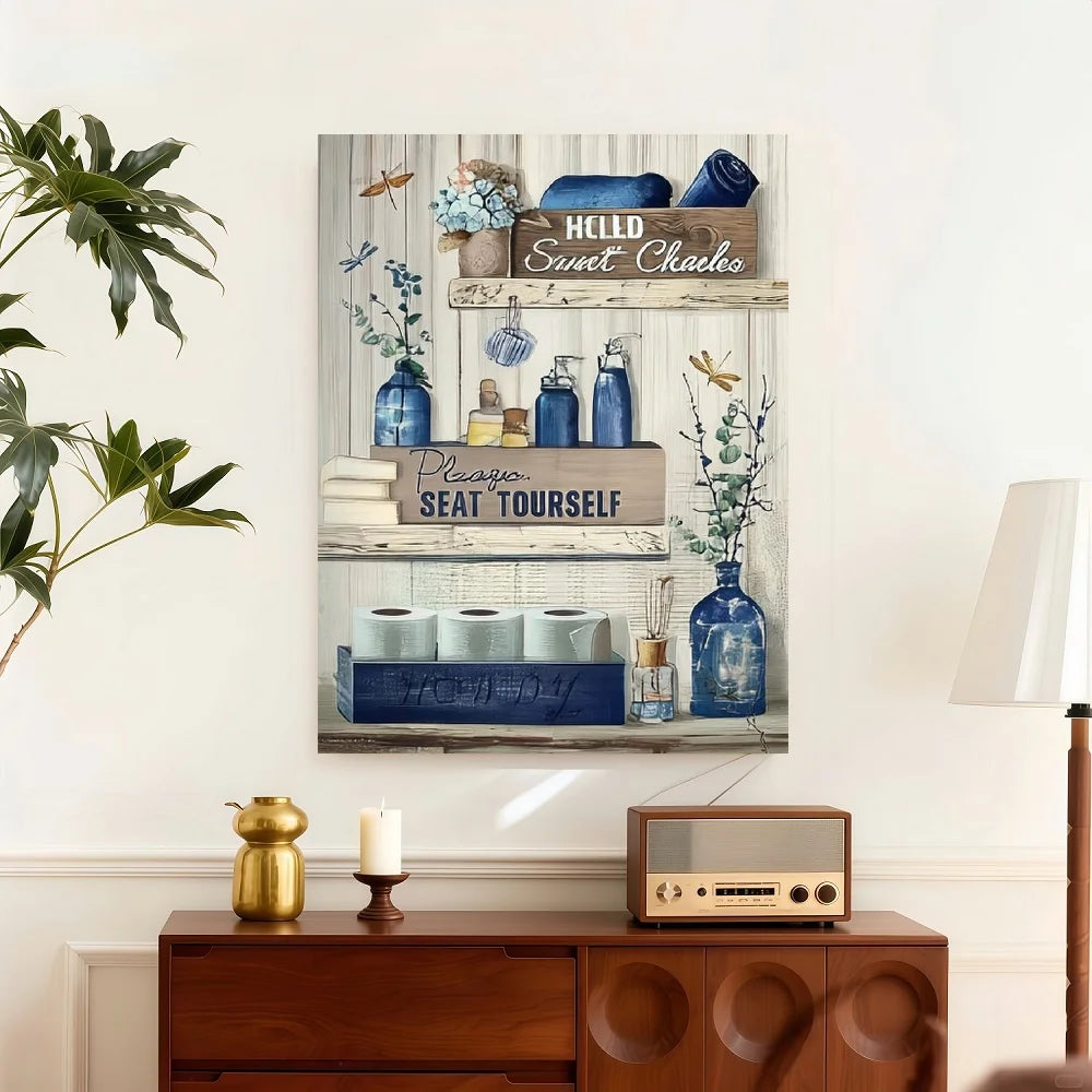 Framed Rustic Navy Blue Bathroom Canvas Wall Art
