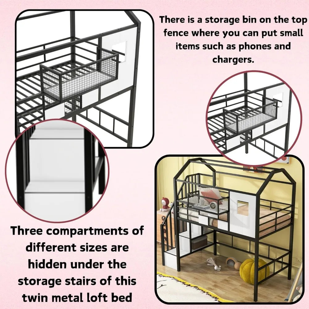 Twin Size House Loft Bed with Stairs and Storage Box
