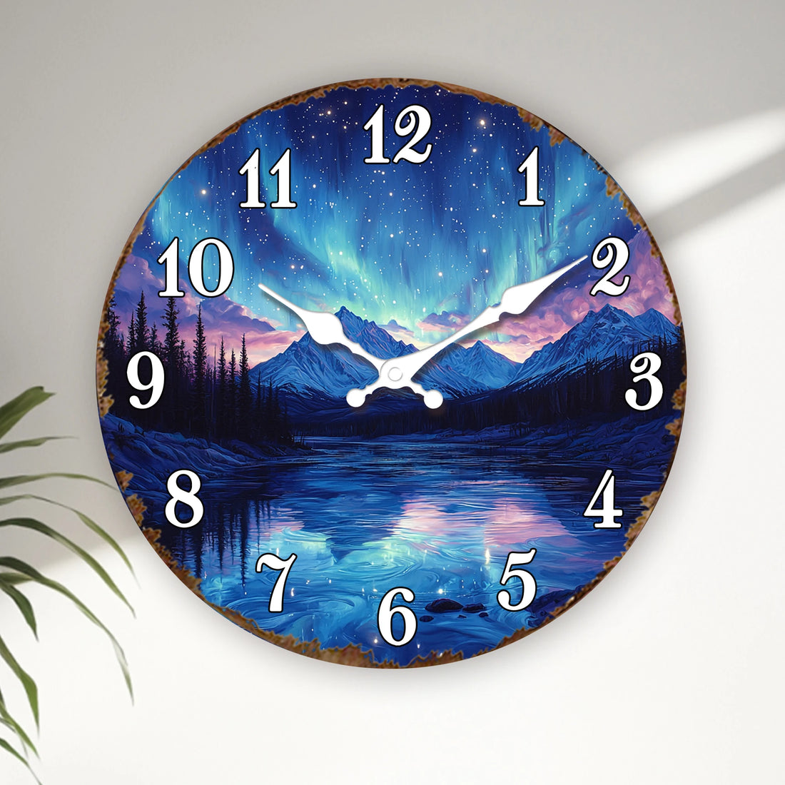 Stunning Aurora Borealis over Mountain Lake Round Wall Clock