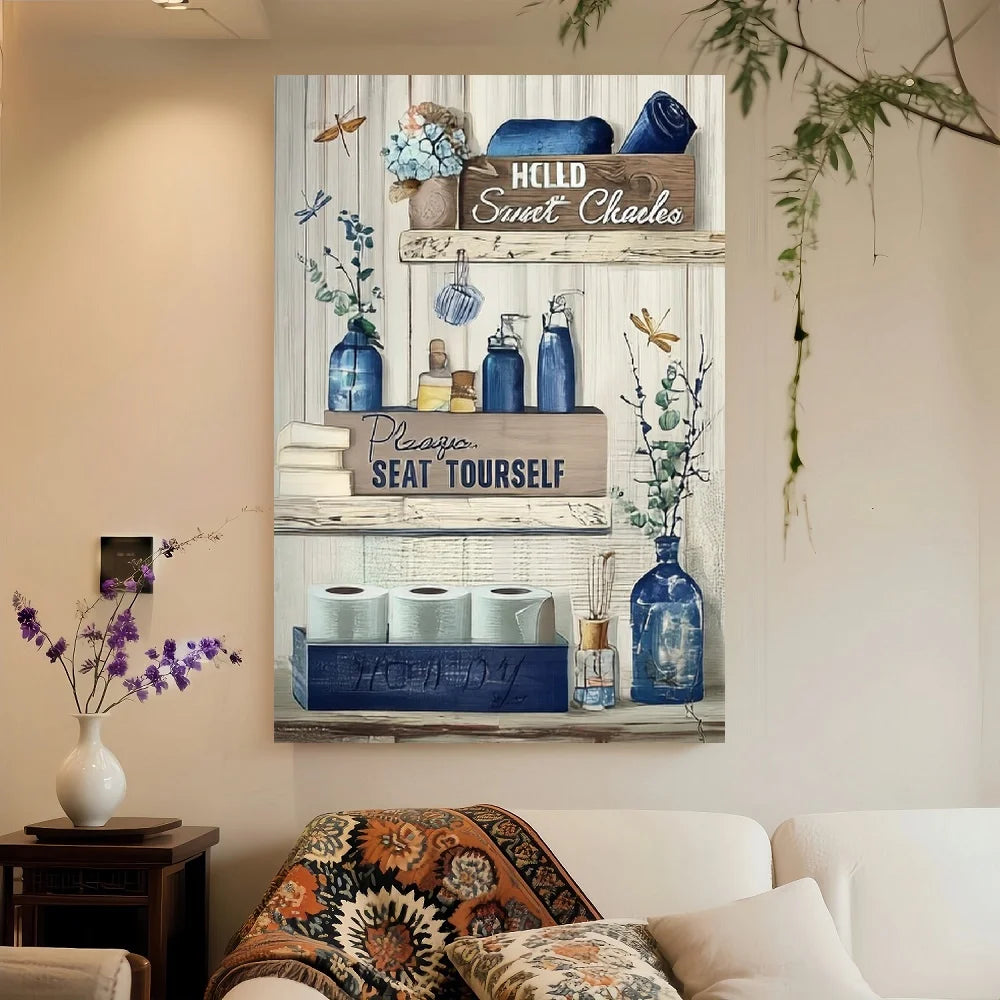 Framed Rustic Navy Blue Bathroom Canvas Wall Art
