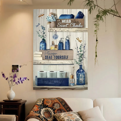 Framed Rustic Navy Blue Bathroom Canvas Wall Art
