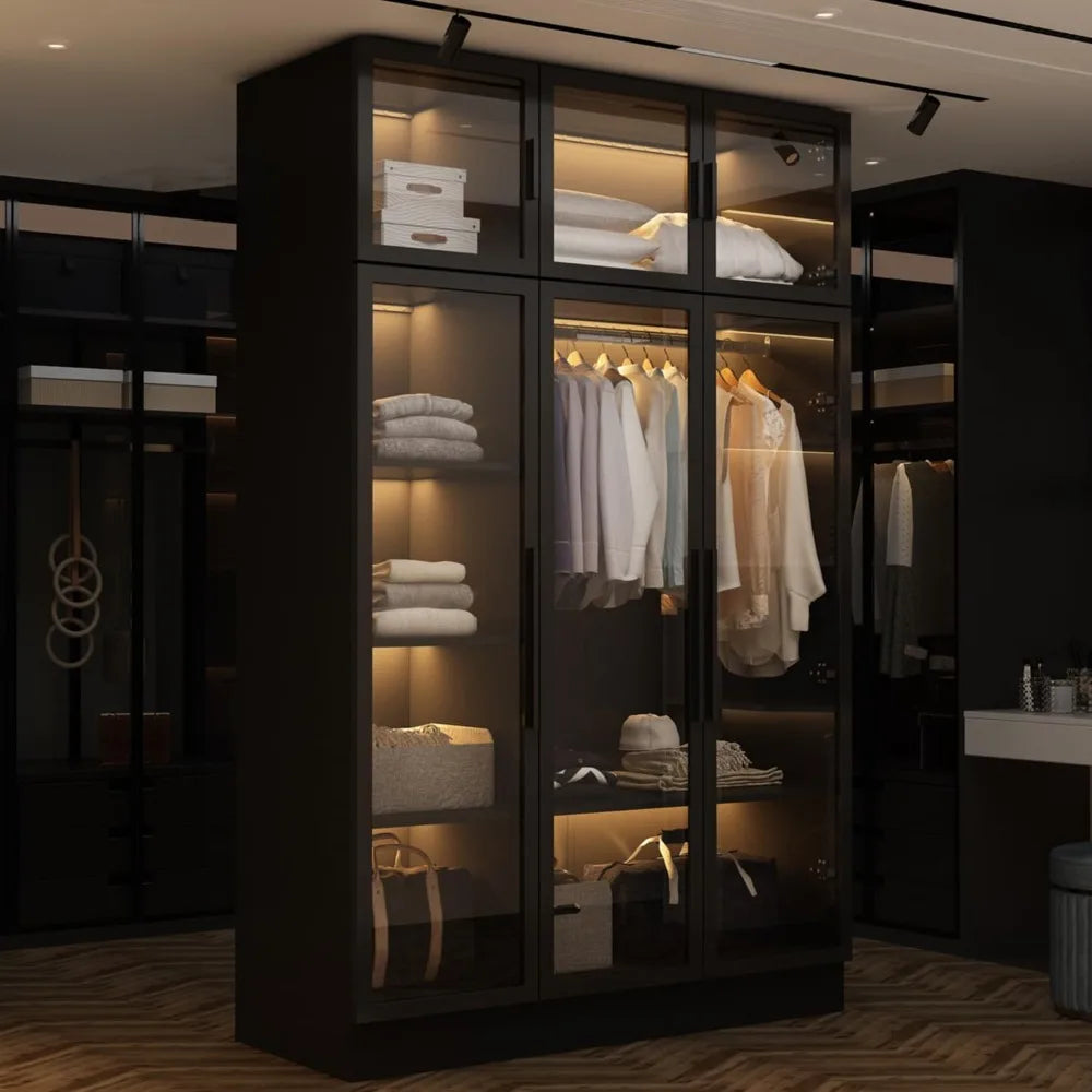Wardrobe Cabinet with Glass Doors and LED Lights