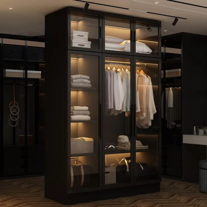 Wardrobe Cabinet with Glass Doors and LED Lights