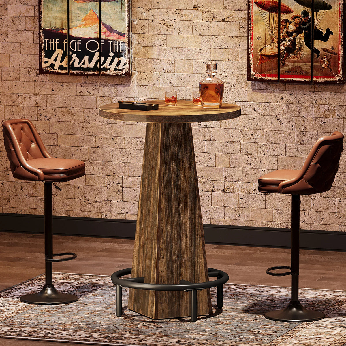 Tribesigns Round Bar Table 37" | Rustic Pub Table with Metal Footrest
