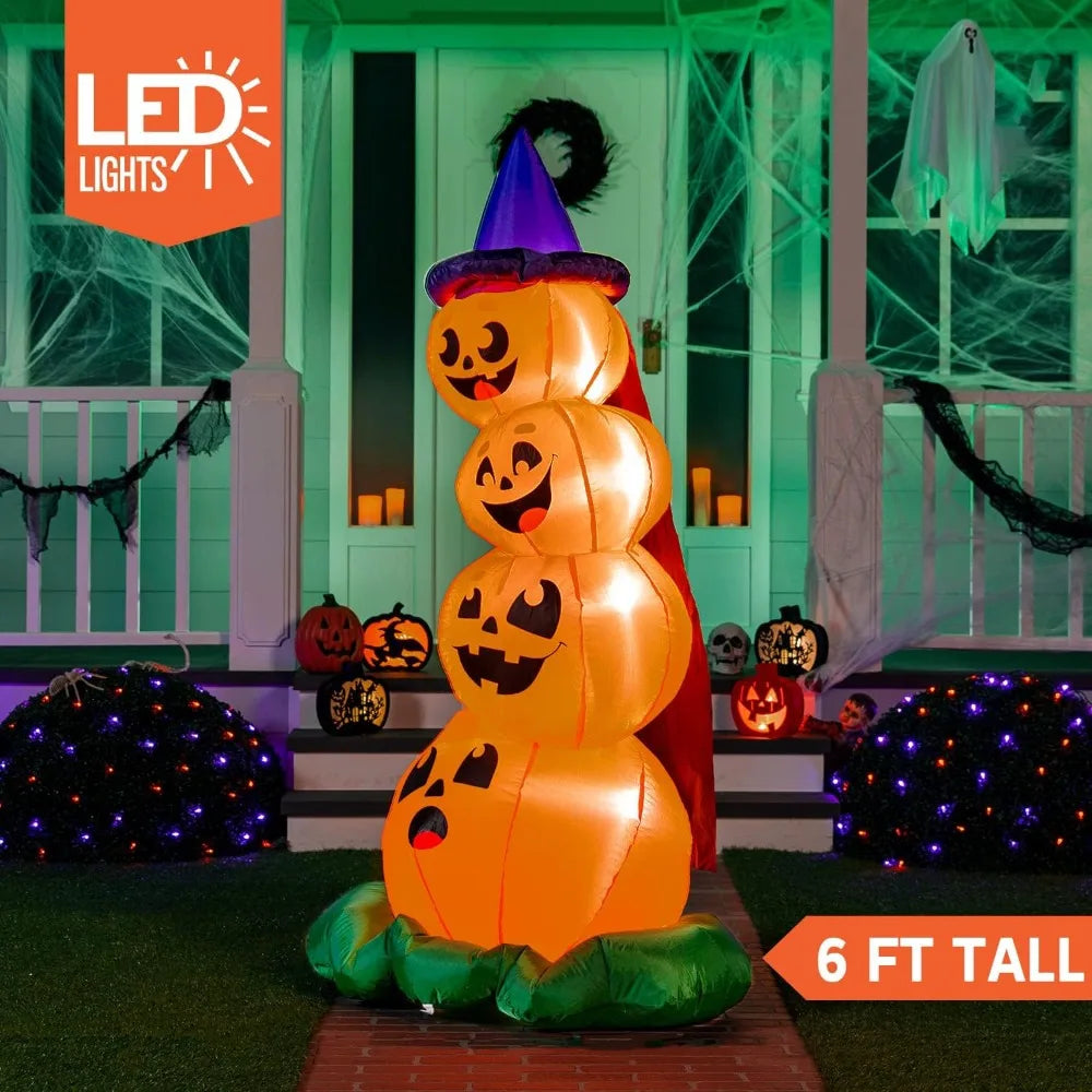 6 Foot Halloween Stacked Pumpkin with Witch Hat Inflatable